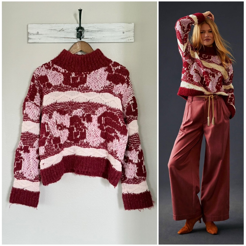 ANTHROPOLOGIE M Textured Turtleneck Sweater • Fair Isle Chunky Knit Pullover